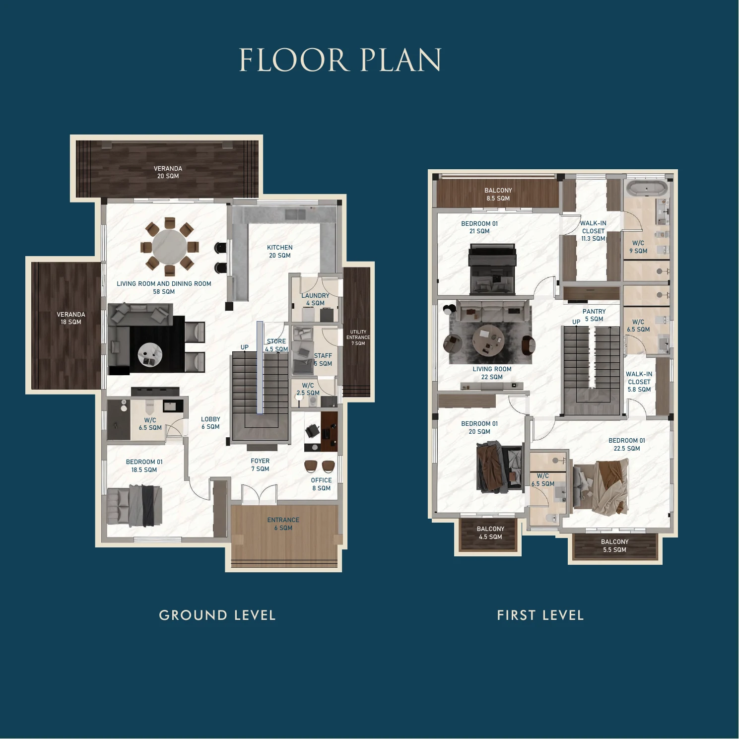 Ground and first-level floor plan for a Buyu Beach four-bedroom villa